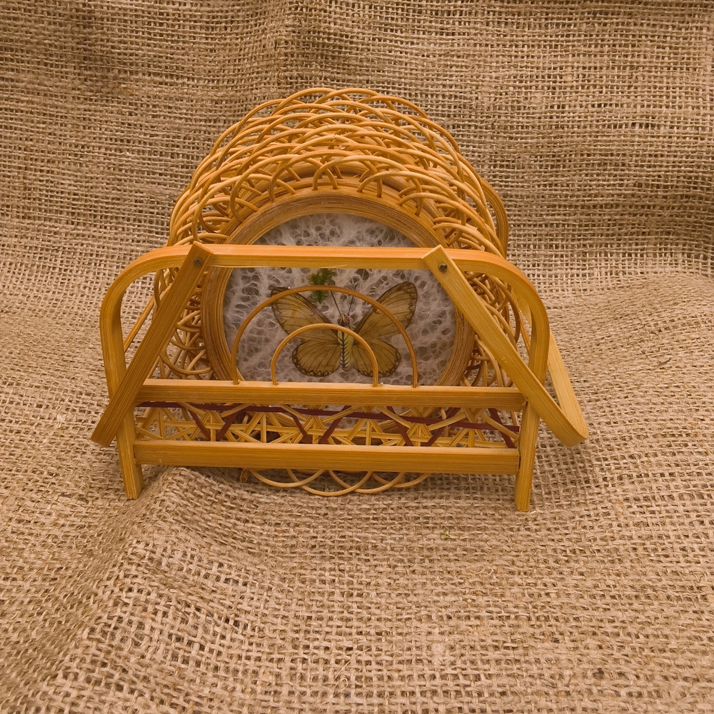 Vintage Bamboo Rattan Coaster Set with Caddy 1970s